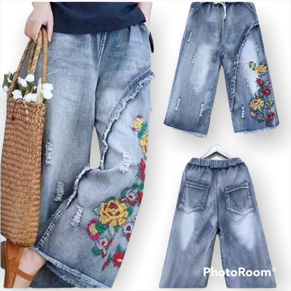 yesNo Denim - Host Pick🥳| YesNo oversized wide leg embroidered boho jeans, frilled,distressed